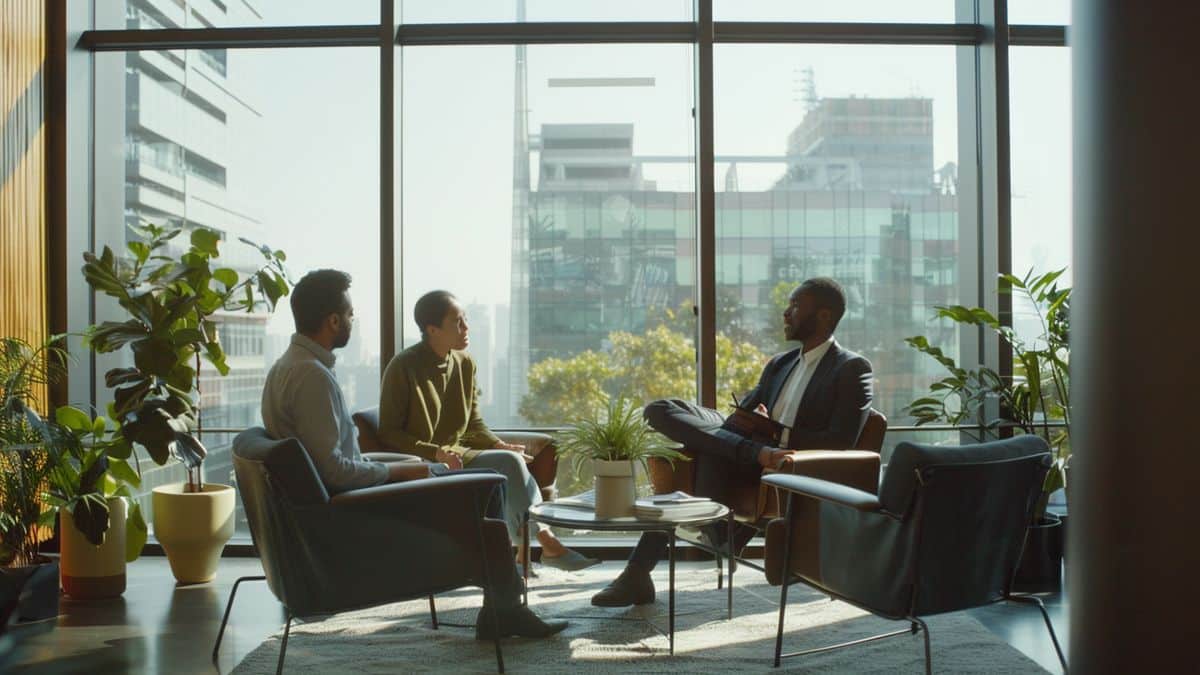 Dipendenti presso la sede centrale di Sony discutono delle strategie per la futura crescita delle vendite.