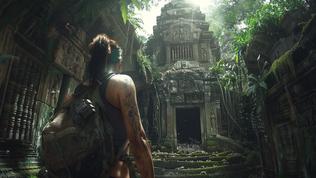 Lara Croft exploring ancient ruins in the Bolivian jungle, uncovering hidden treasures.