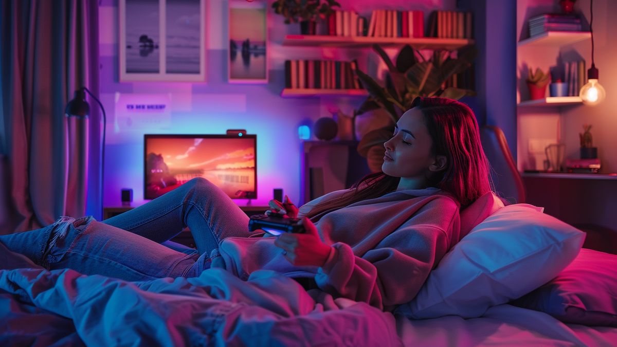 PlayStation Portal로 게임을 즐기며 아늑한 침실에서 휴식을 취하고 있는 여성.