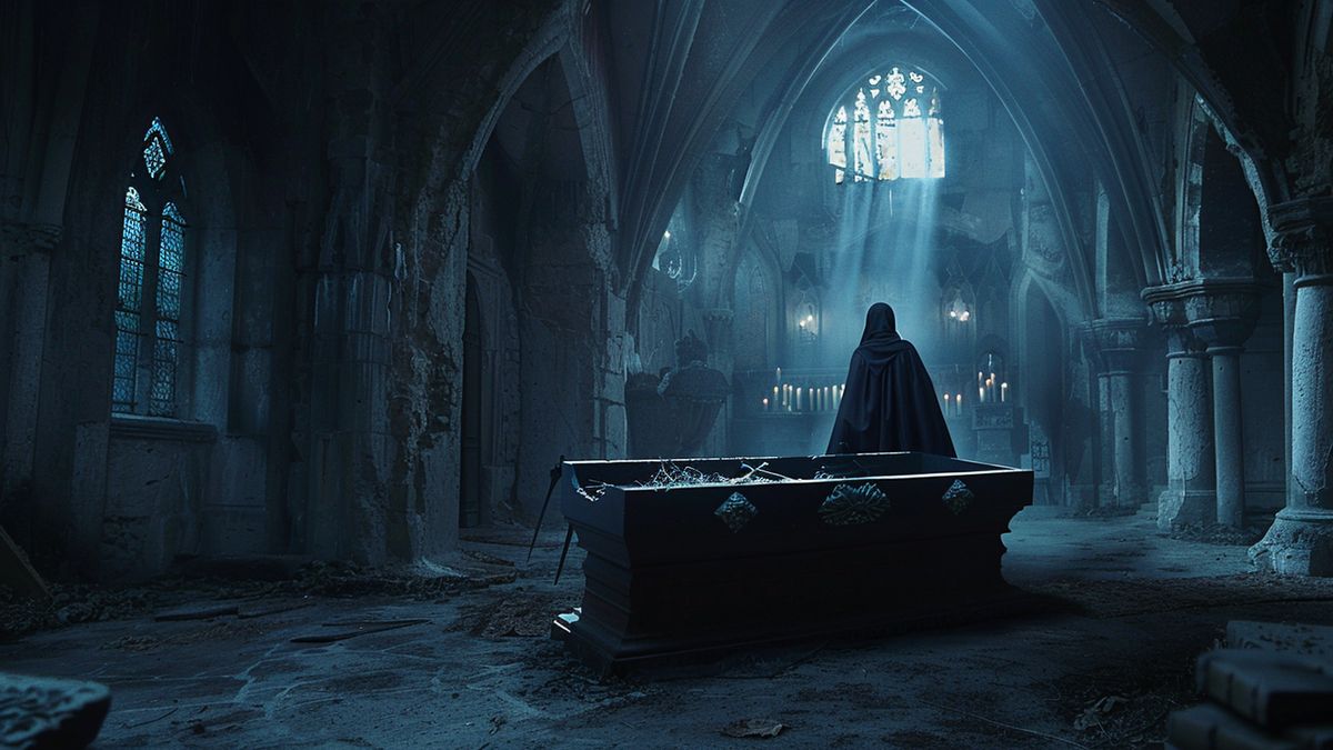 A vampire emerging from a coffin in a dark, ancient castle.