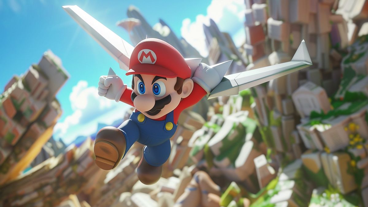 Mario transforming into a paper airplane to overcome obstacles in the game.