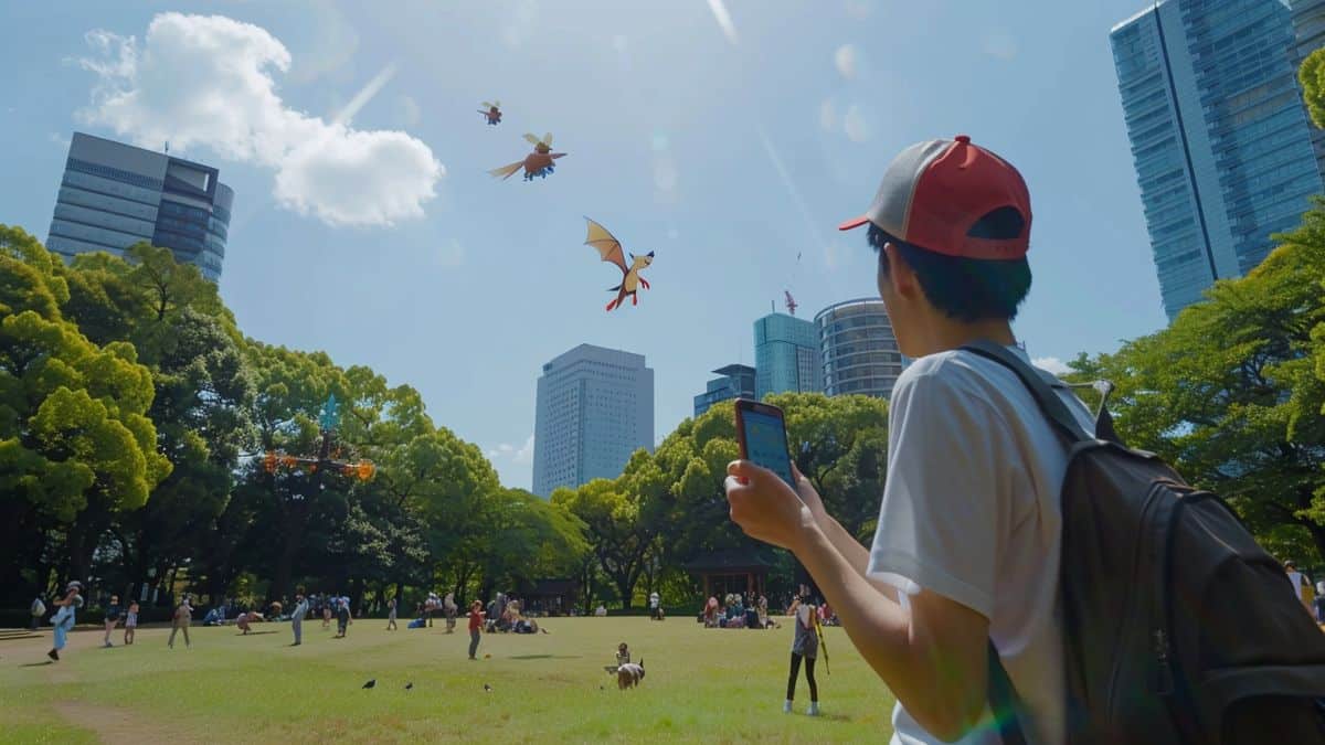 Fan che esplorano un parco a Tokyo e catturano Unown in Pokémon GO.