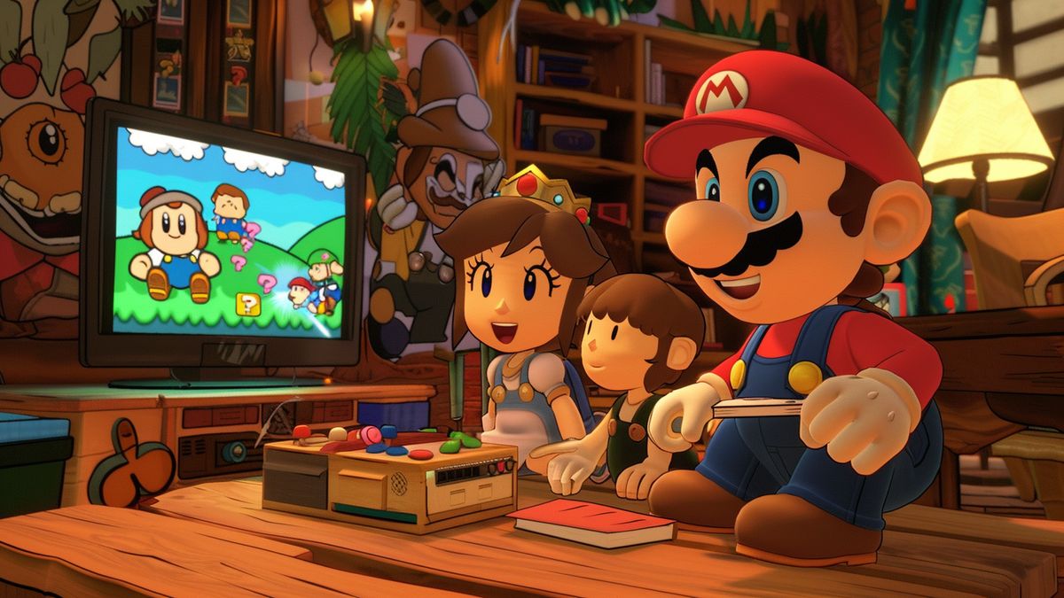 A family enjoying a multiplayer session of Paper Mario: The ThousandYear Door.