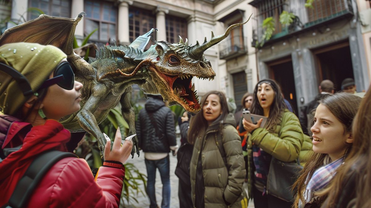 Enthusiastic participants capturing virtual creatures in iconic Madrid locations.