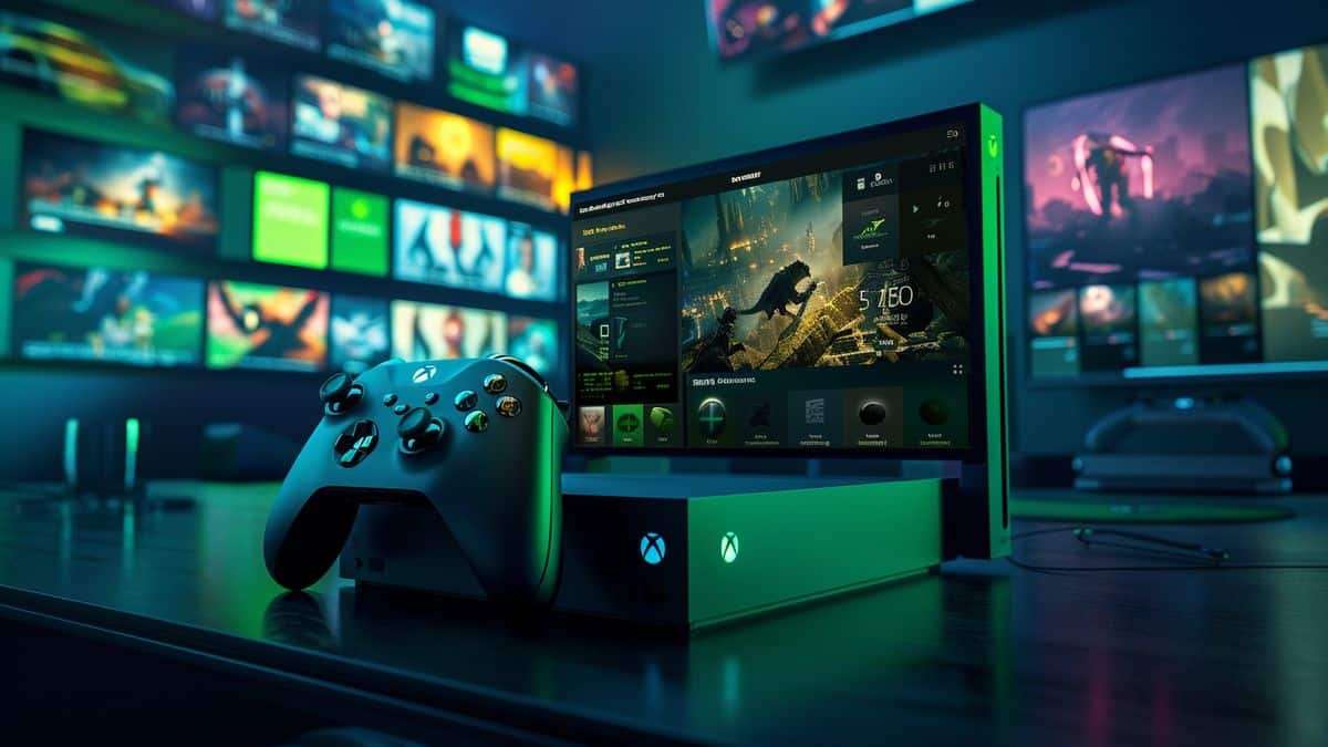 Conceptual image of a console displaying both Xbox Store and Steam.