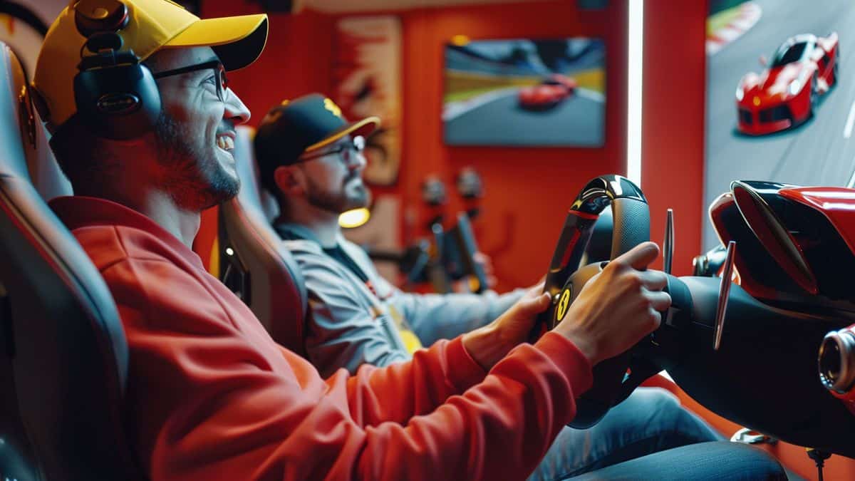 Giocatori entusiasti che condividono le loro esperienze con la replica del volante della Ferrari.