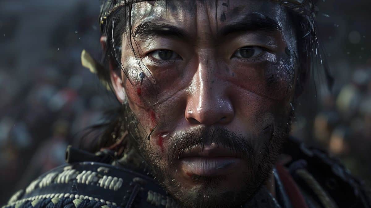 Closeup on a detailed  resolution gameplay in Ghost of Tsushima Director's Cut.