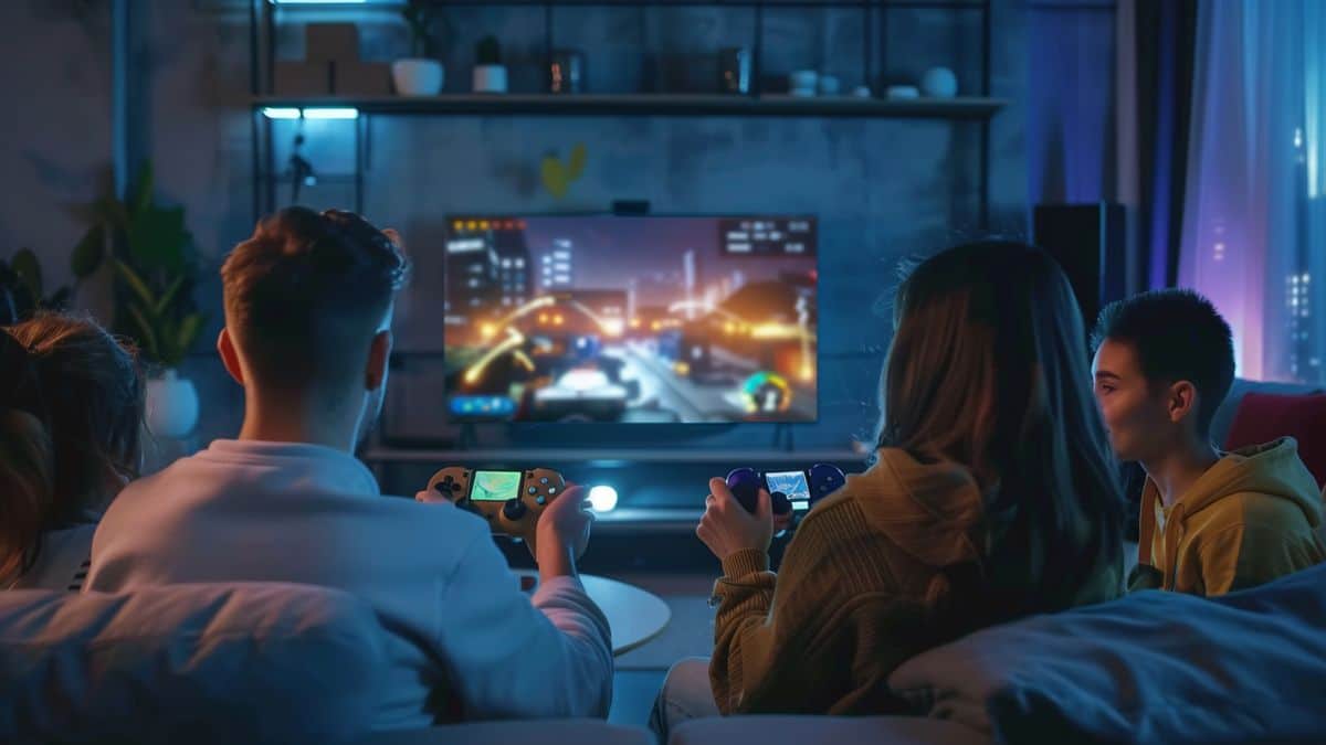 Friends enjoying a multiplayer game on the big screen with joycons.