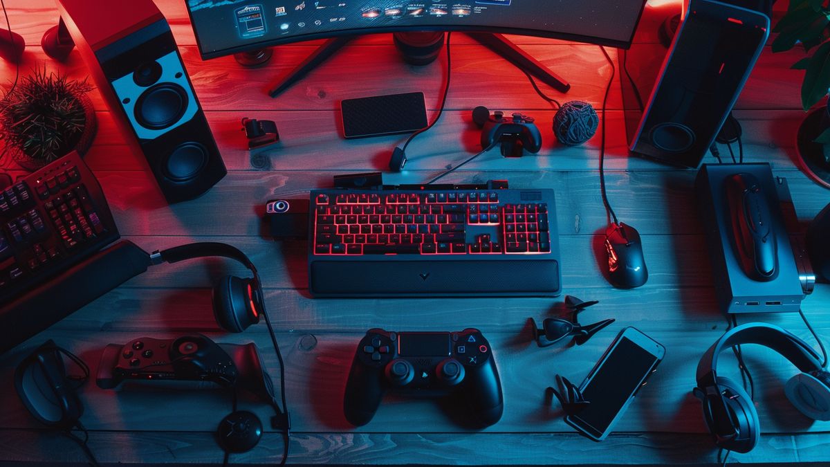 Top view of a gaming setup with consoles, controllers, and a hightech monitor.