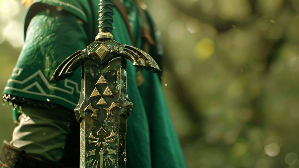 Closeup of the iconic green tunic and sword from Zelda game.