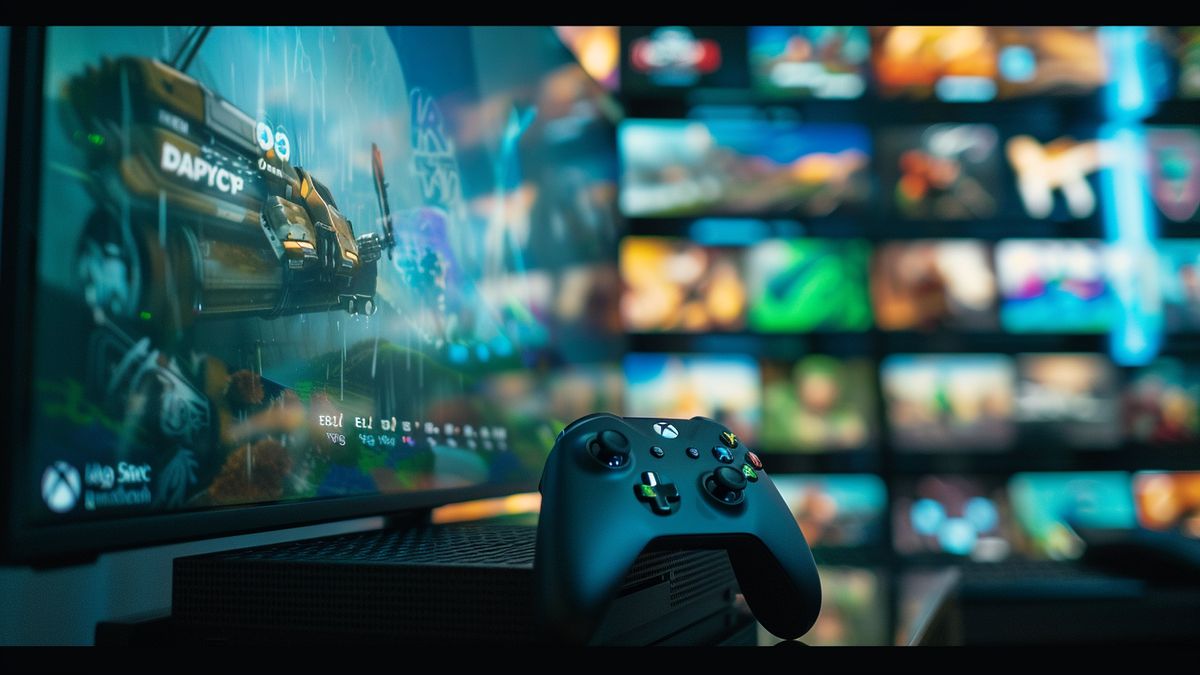 Logotipo de Xbox Game Pass mostrado en la pantalla de una consola de juegos.