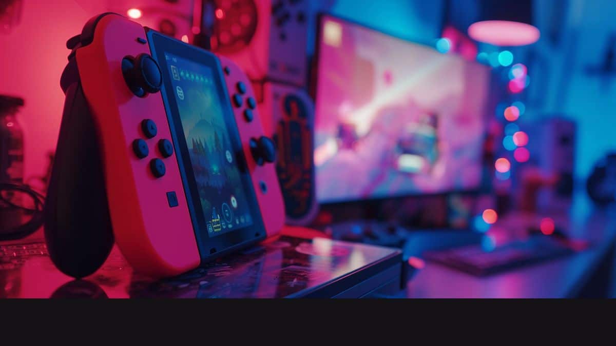 Closeup of the Nintendo Switch console on a gaming setup.