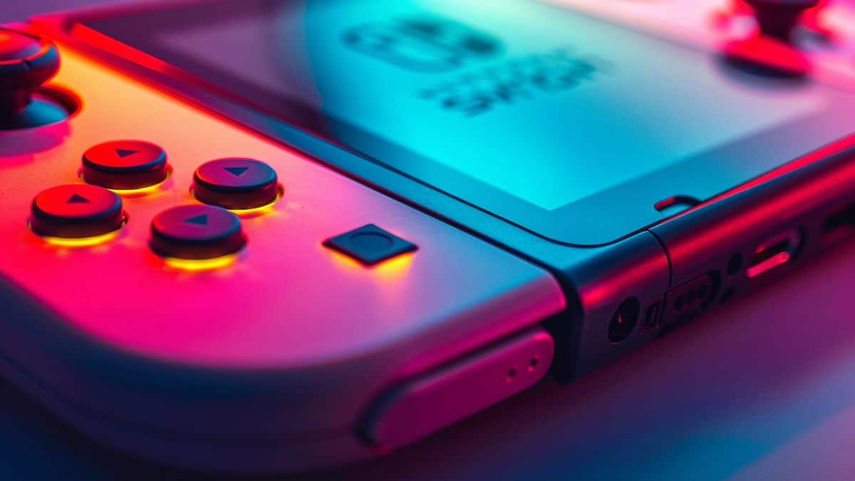 Primer plano de la consola Nintendo Switch OLED con colores vibrantes y pantalla nítida.