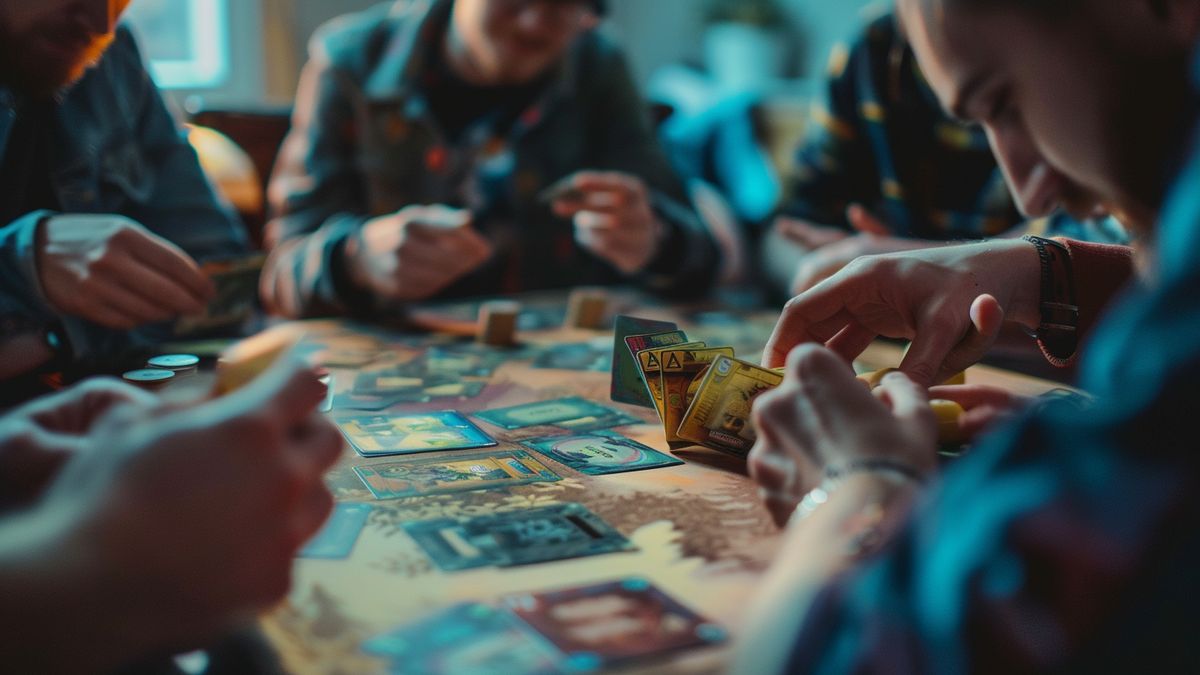 Group of players strategizing with a mix of yellow defense cards.