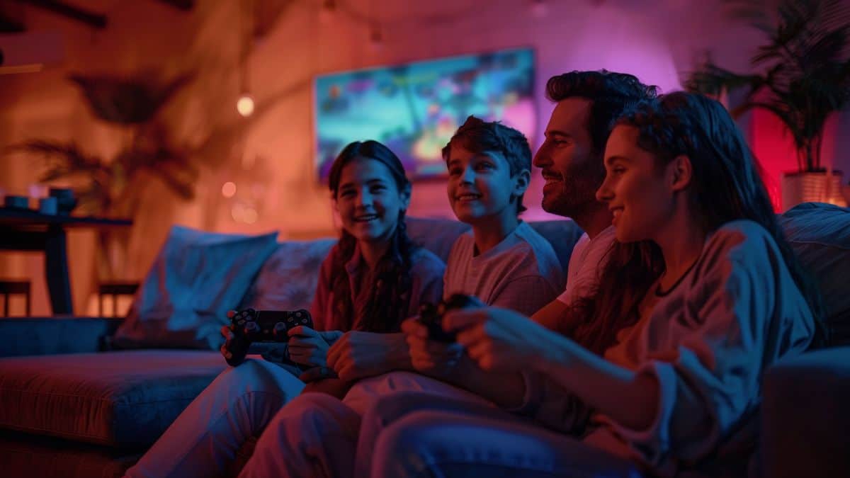 A family enjoying a fun gaming night with their new PS