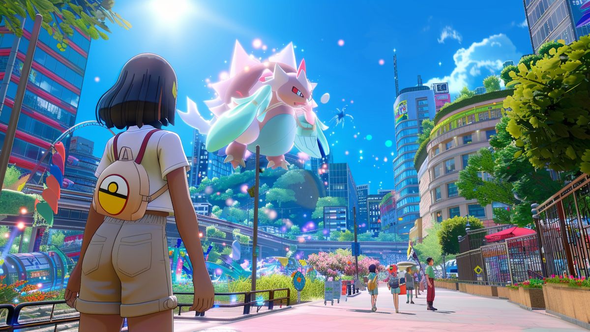 Trainer exploring a city and encountering rare Pokémon during the event.