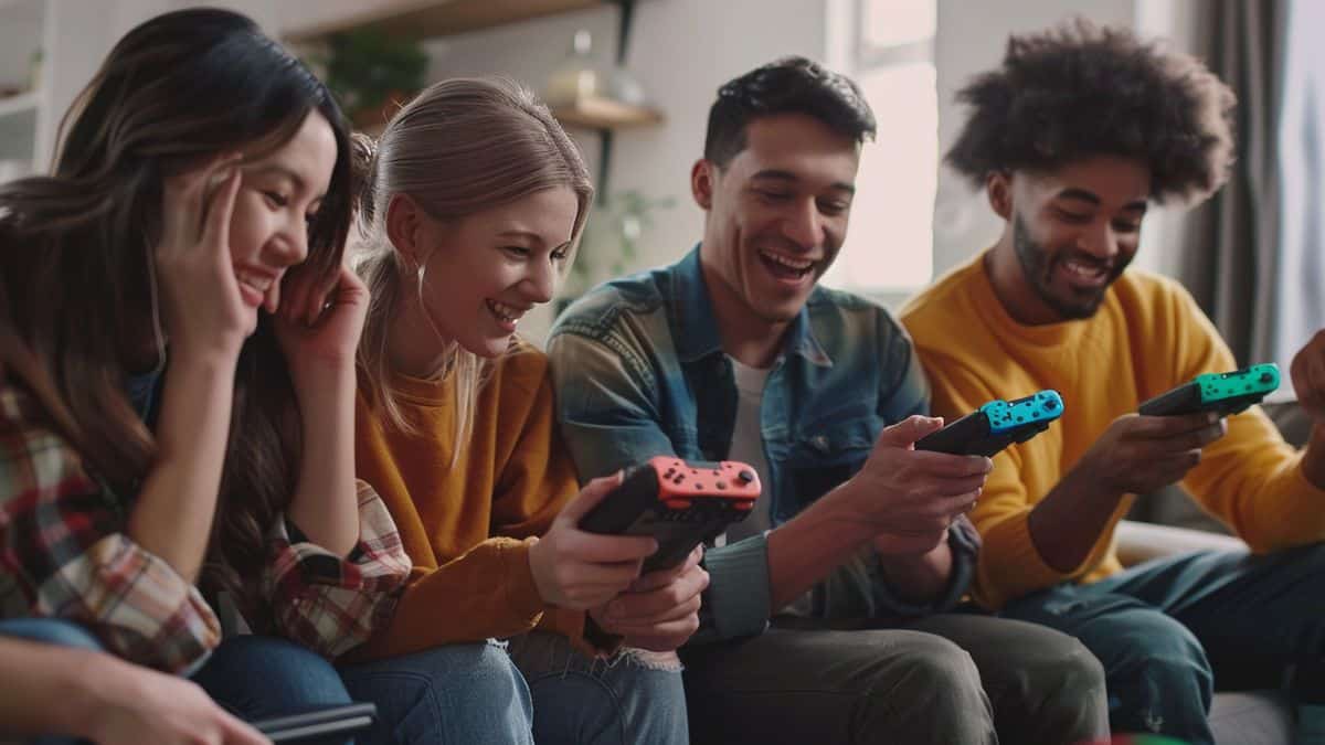 Group of friends enjoying multiplayer game on Nintendo Switch OLED.