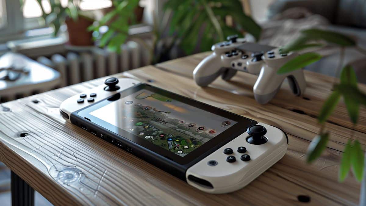 Portable mode with JoyCon controllers attached to the console for ergonomic gaming.