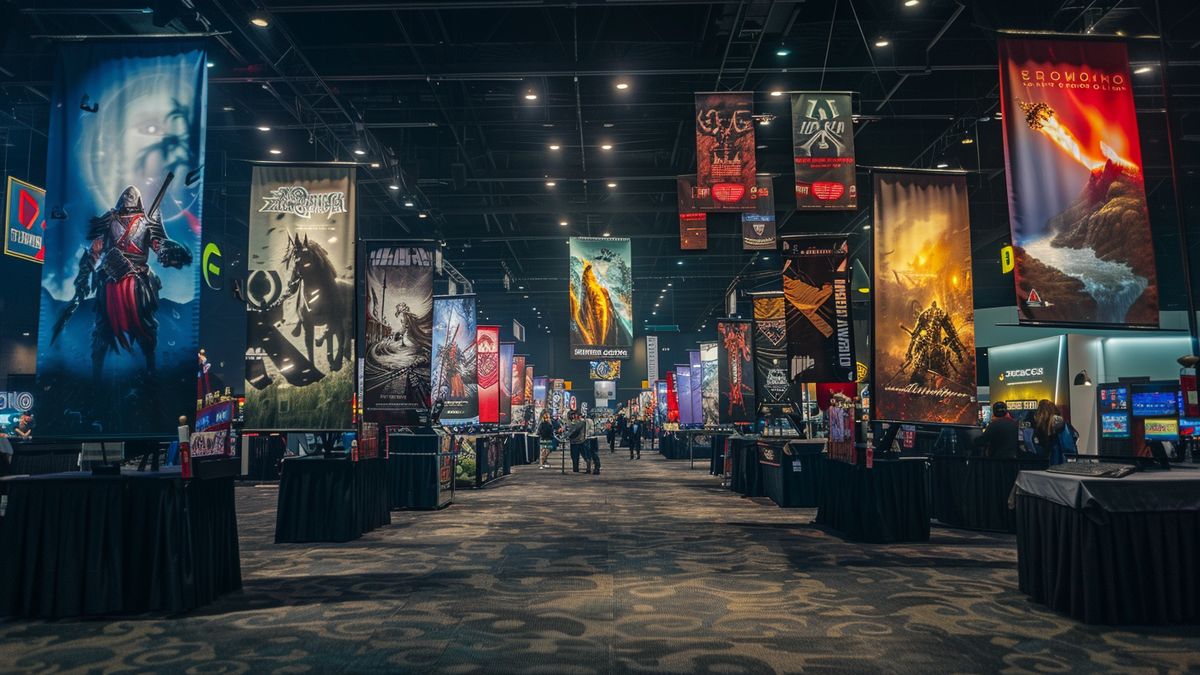 Gaming convention with banners promoting new releases and updates