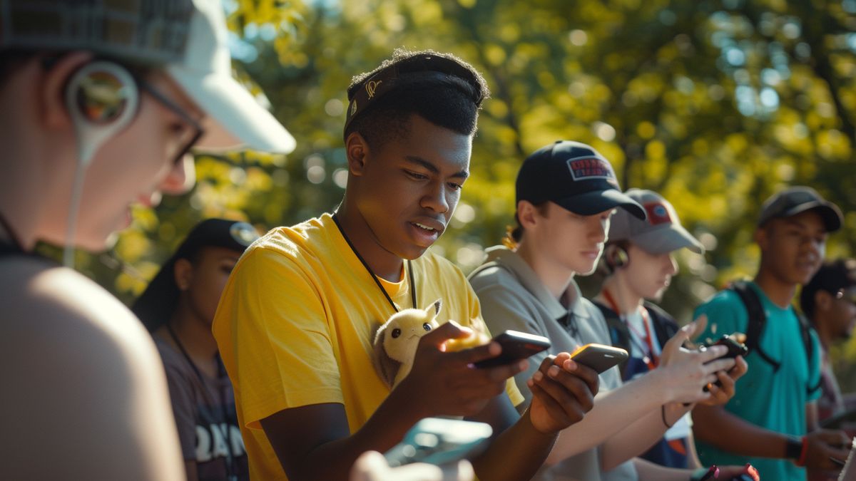 Trainers excitedly capturing rare shiny Pokémon during a community day event.