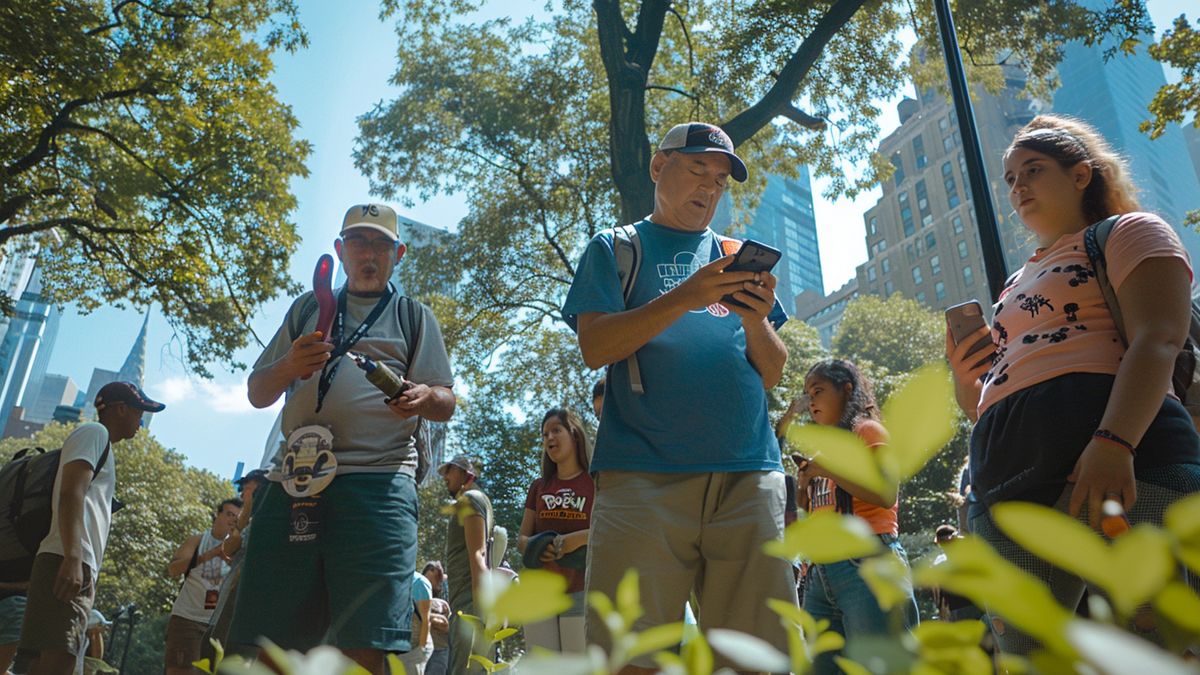 Fjölskyldur og vinir njóta Pokémon GO Fest athafna í NYC.