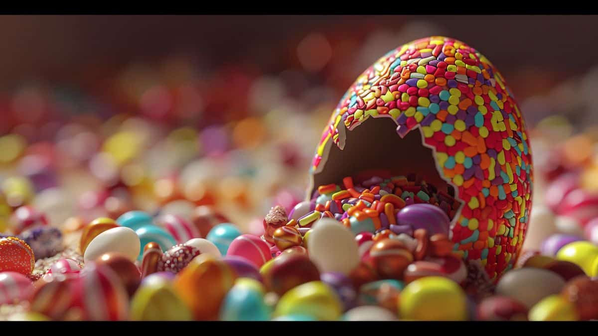 Closeup of a hatching egg with double the amount of candies.