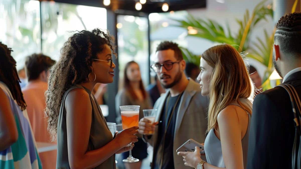 Asistentes haciendo networking en el lugar del evento en Los Ángeles