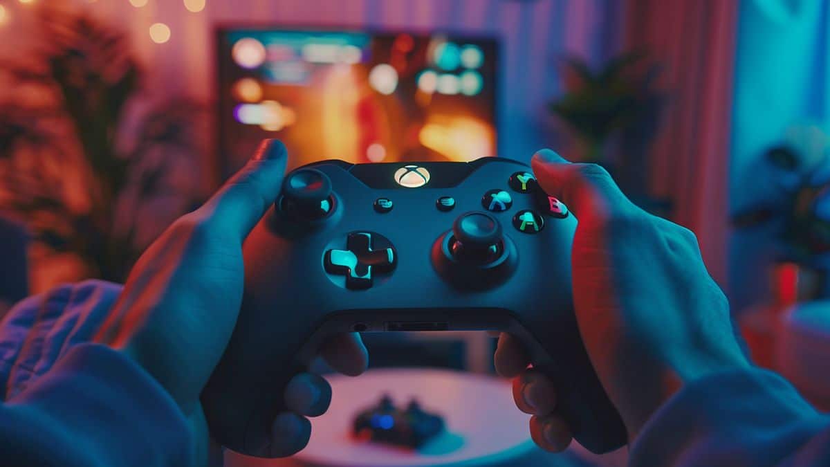 自宅で Xbox コンソールでプレイしているゲーマーのクローズアップ。
