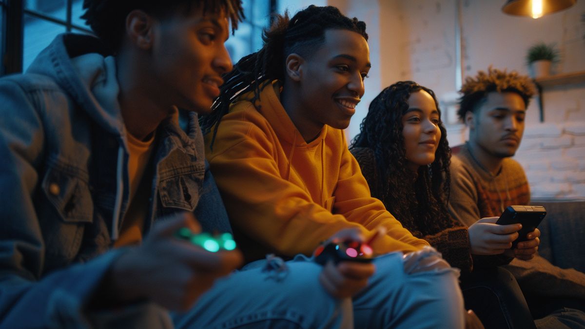 A group of friends enjoying a gaming session on the Microsoft portable console.