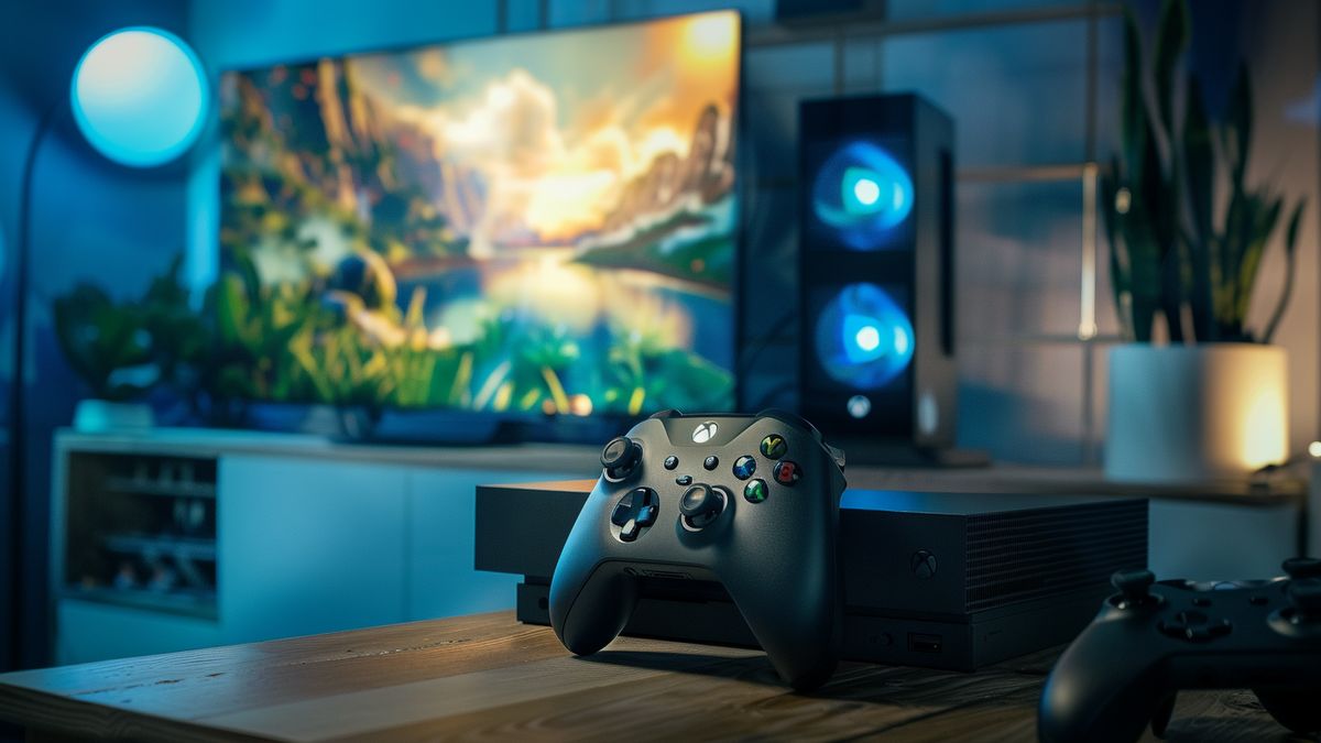 Highdefinition image of Xbox Series X connected to a  TV.