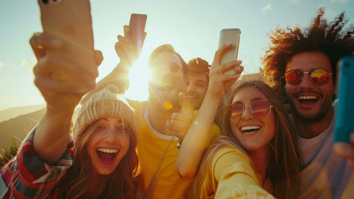 Group of friends capturing memories with their smartphones using TEAMGROUP card