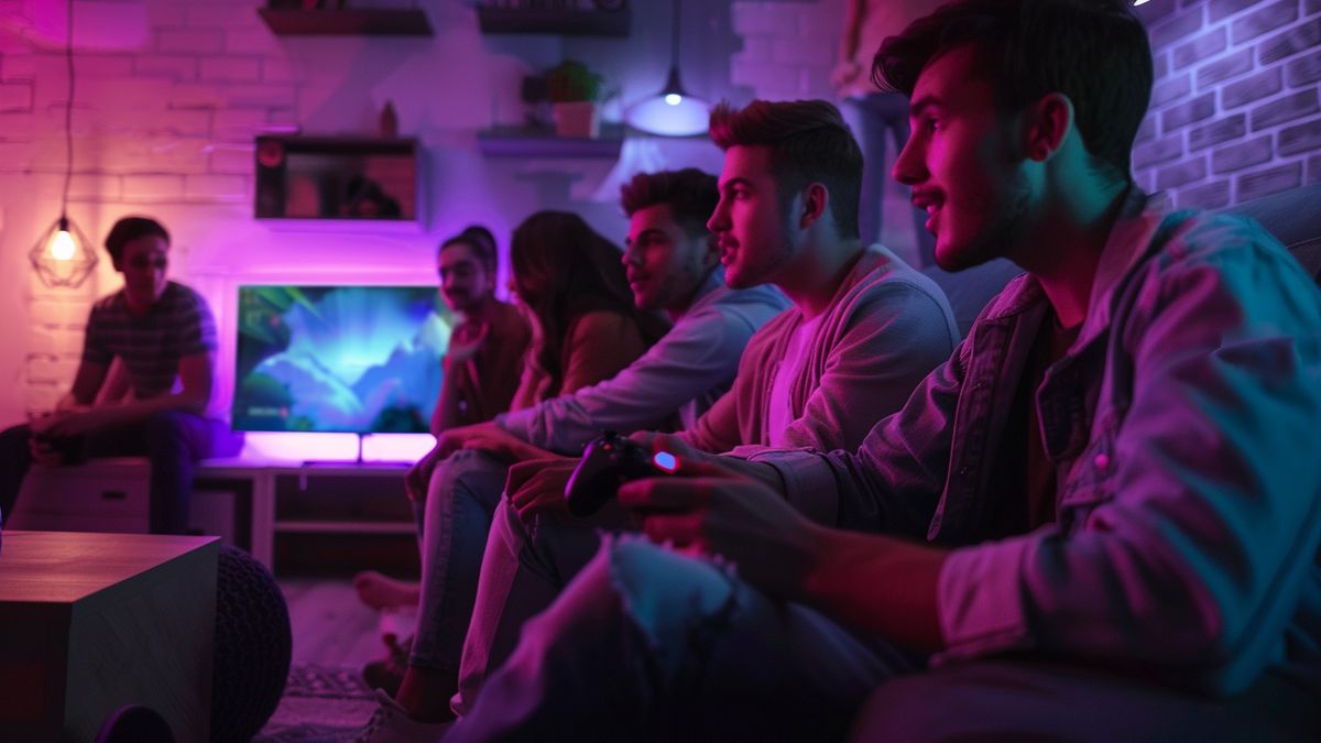 Group of friends playing Xbox together with personalized backgrounds.