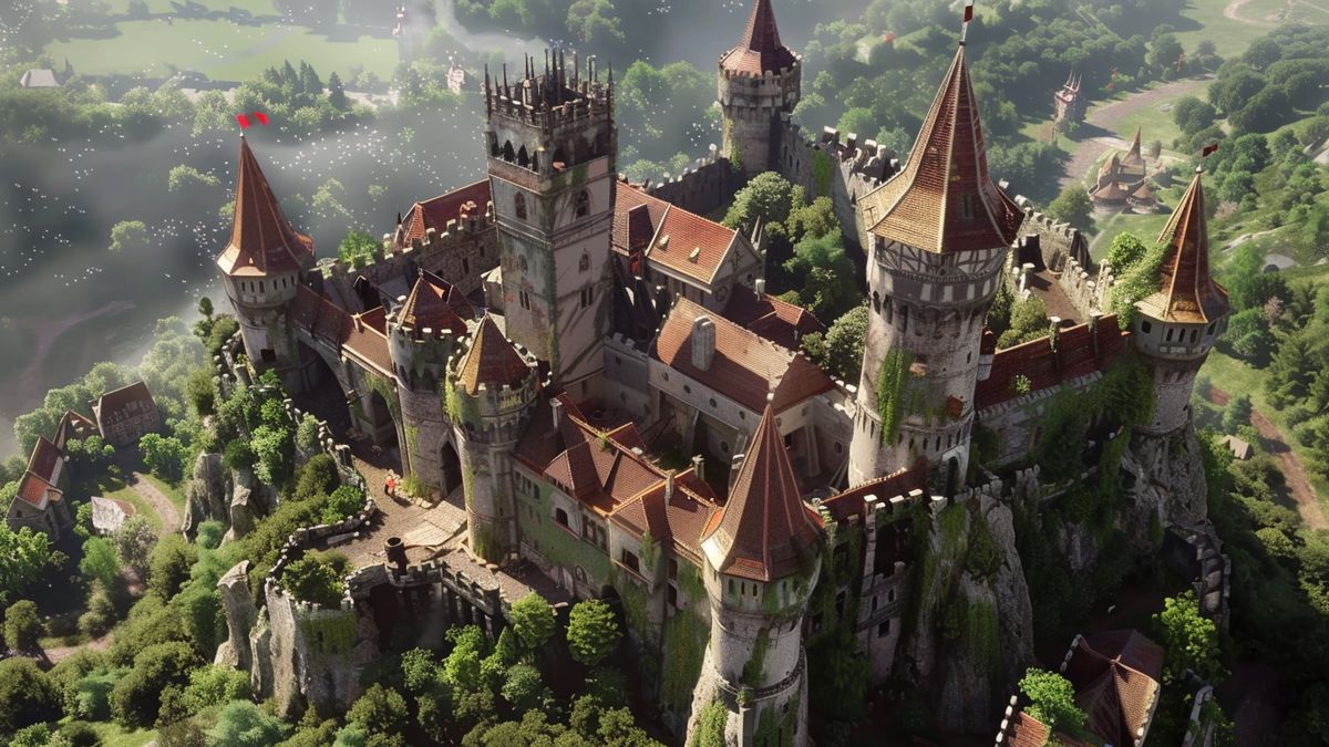 Veduta aerea di un castello in fase di miglioramento con nuove torri e mura.