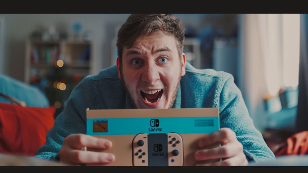 Excited gamer unboxing a package of popular Nintendo Switch titles