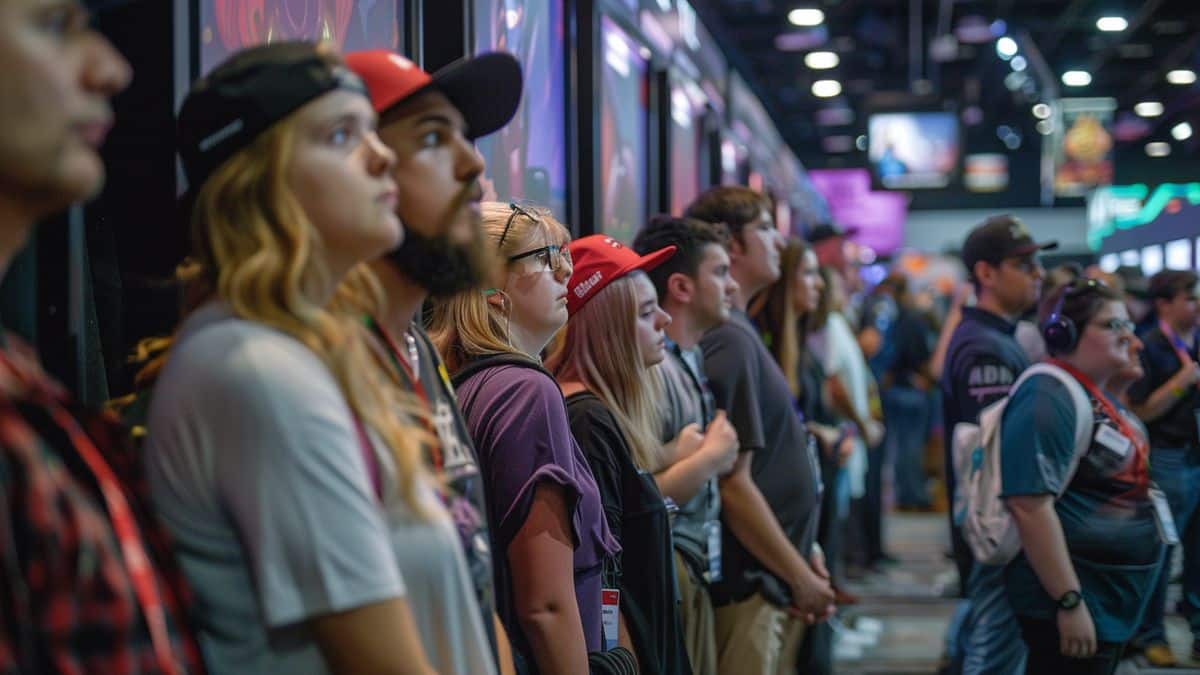 Excited fans waiting in line at a gaming convention to try the demo