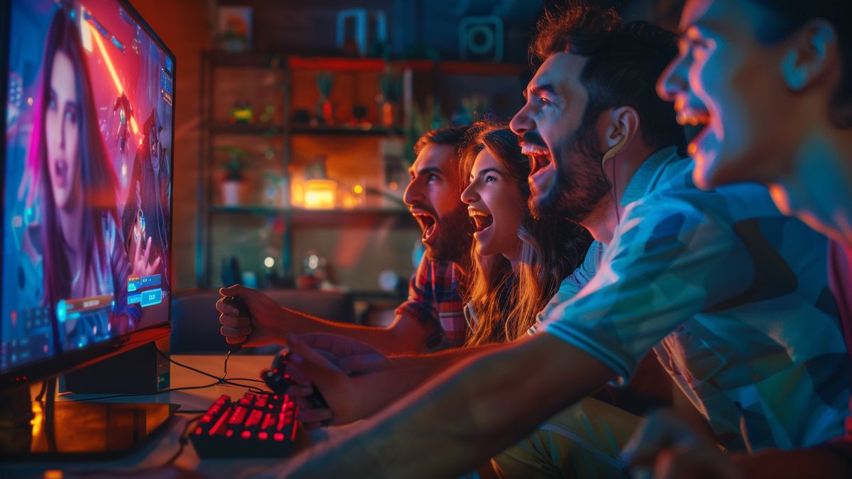 A group of excited gamers gathering around a big screen.