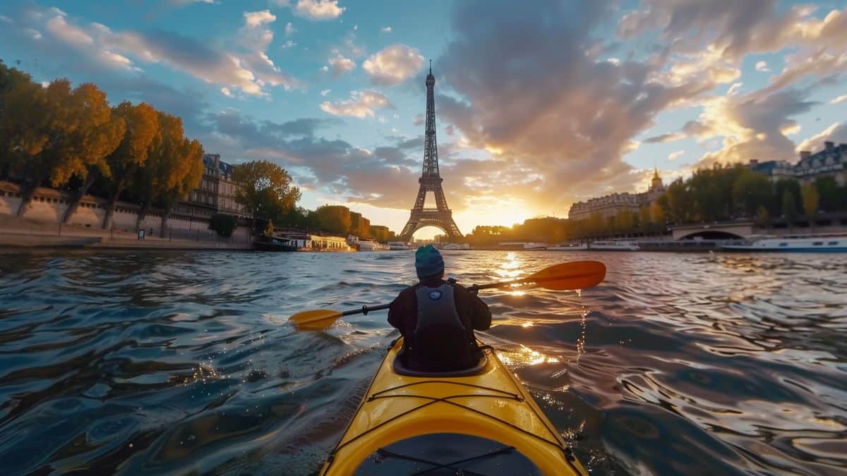 Virtual reality kayak experience in stunning landscapes like Paris and Tokyo