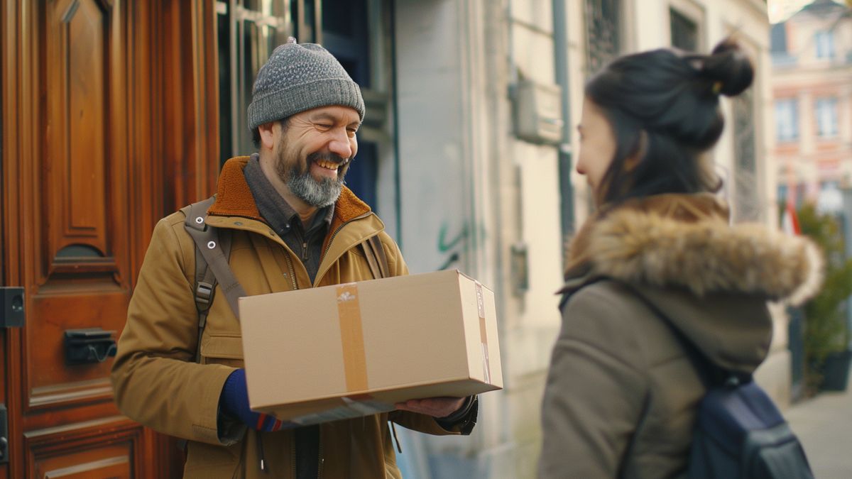 Happy customer receiving a package with the Cdiscount logo on it