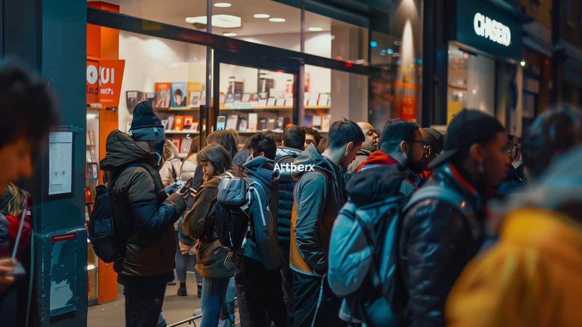 Excited fans queuing outside a gaming store for the release
