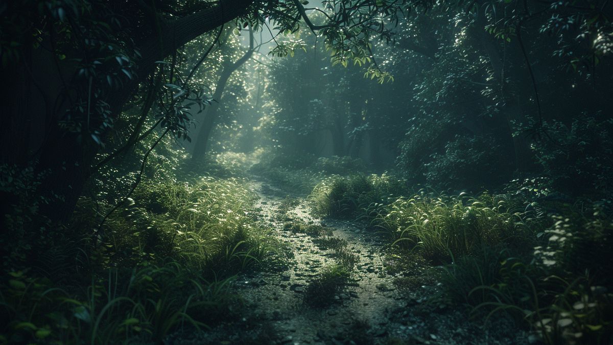 A split path in a mysterious forest, representing different story outcomes.