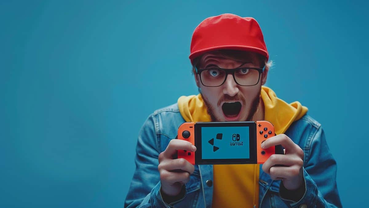 Enthusiastic gamer holding a Nintendo Switch with FManager logo.