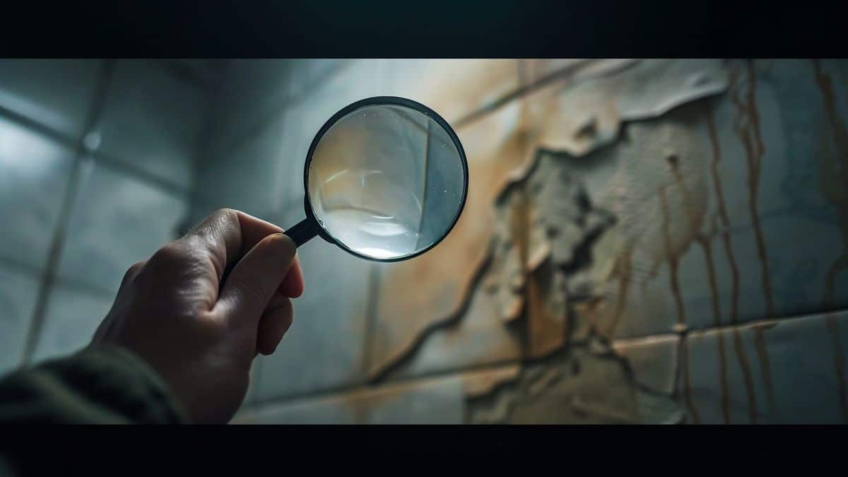 Person holding a magnifying glass, examining a leak with caution.