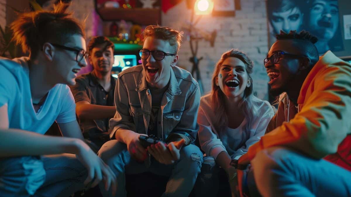 Group of gamers excitedly discussing the exclusive FourSeconds Destroyed Denim outfits