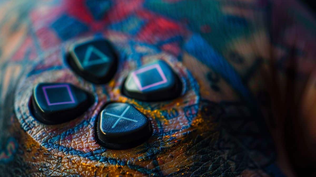Closeup of PlayStation buttons (triangle, X, circle, square) tattooed on skin