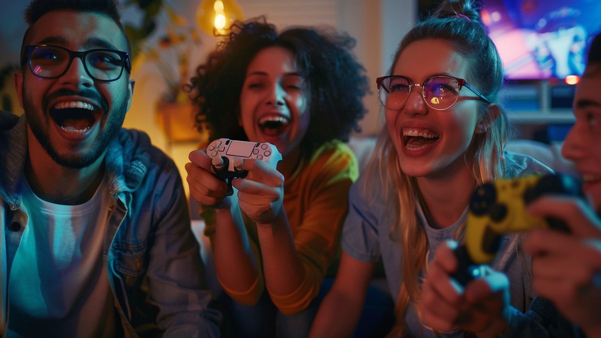 Group of friends cheering while playing newly purchased games together.