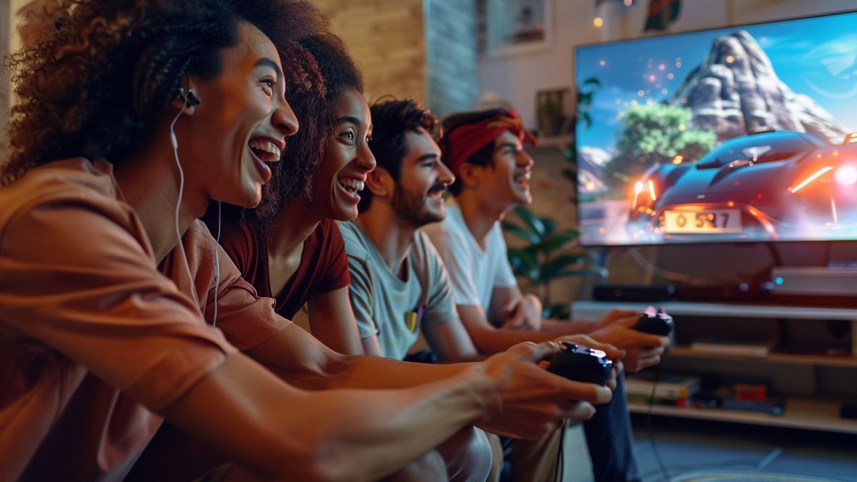 Amigos riendo y jugando Forza Horizon en Fire TV Stick.
