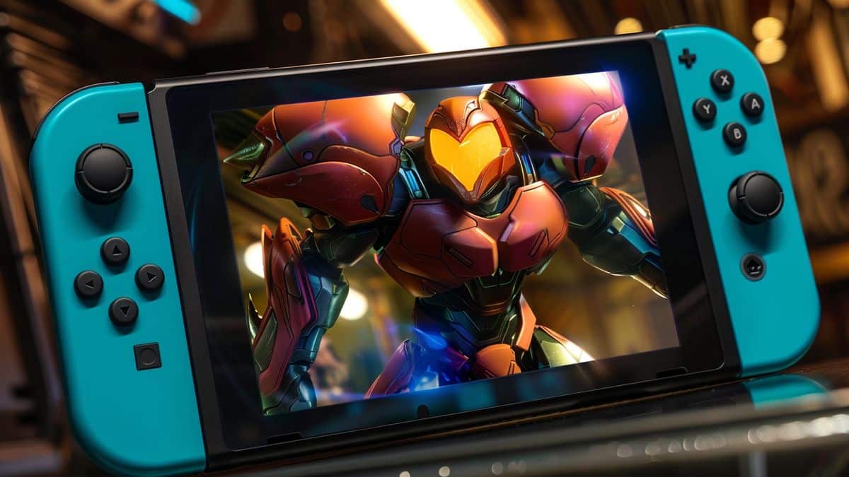 Closeup of Metroid Prime Remastered cover art displayed on Nintendo Switch