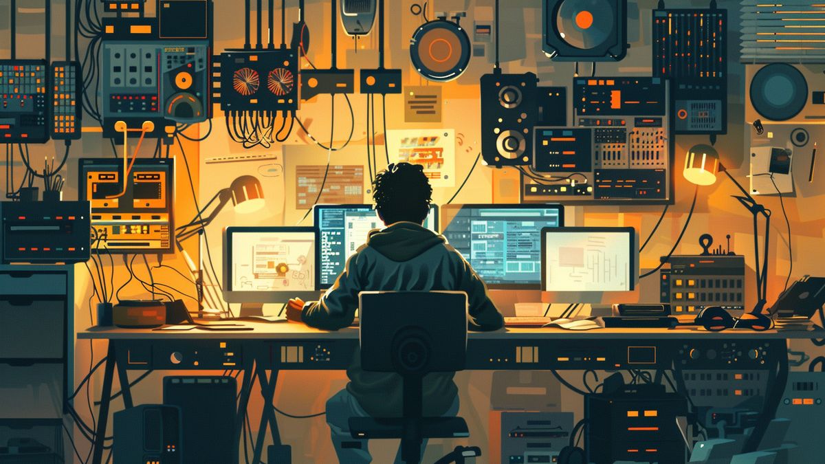 Person sitting at a desk surrounded by technical devices, trying to troubleshoot.