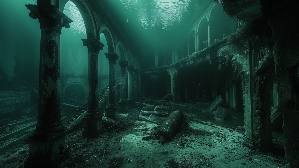Mysterious and eerie atmosphere in a dark and abandoned underwater city.