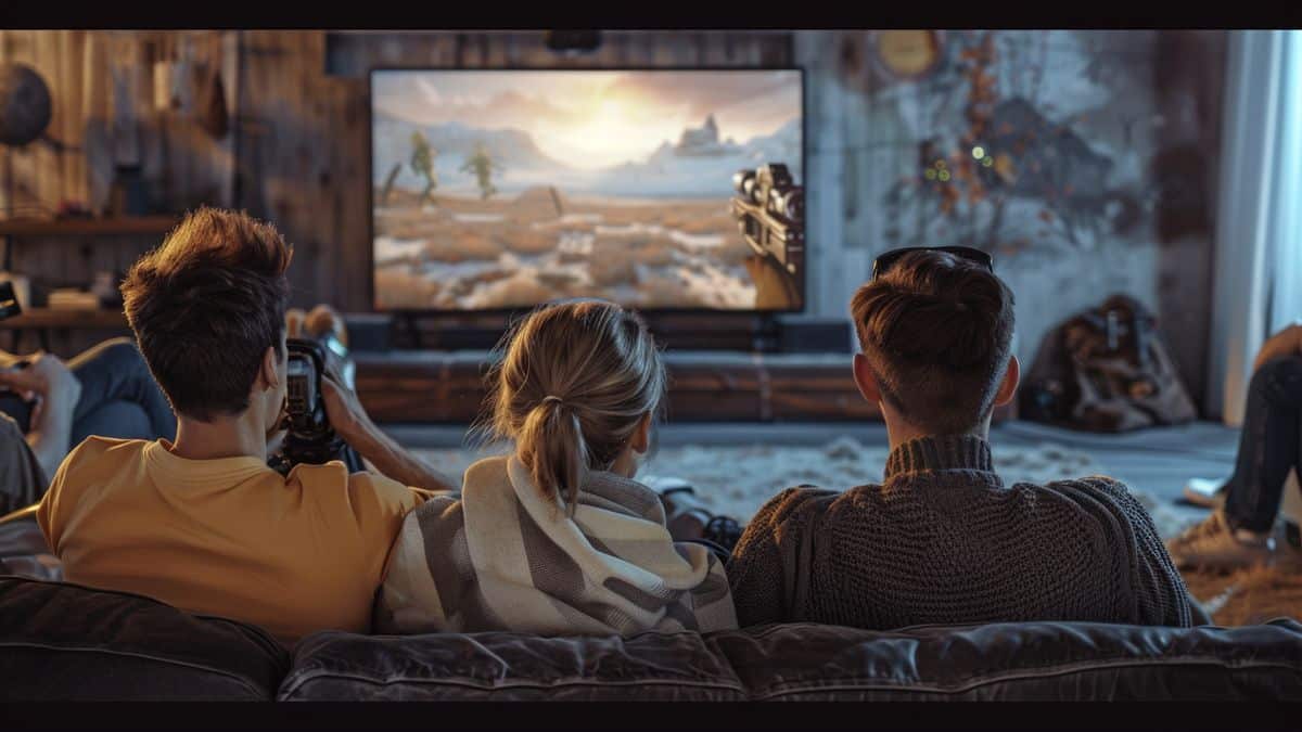 Grupo de amigos reunidos alrededor de un televisor viendo la serie Fallout en Prime Video.